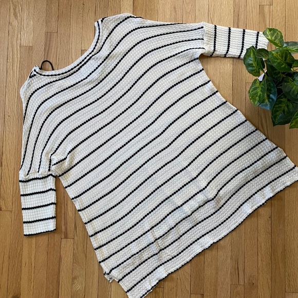 NWT Chaser Waffle Knit Striped Half Sleeve Oversized Hi-Low Ivory Top Size M - Picture 10 of 10